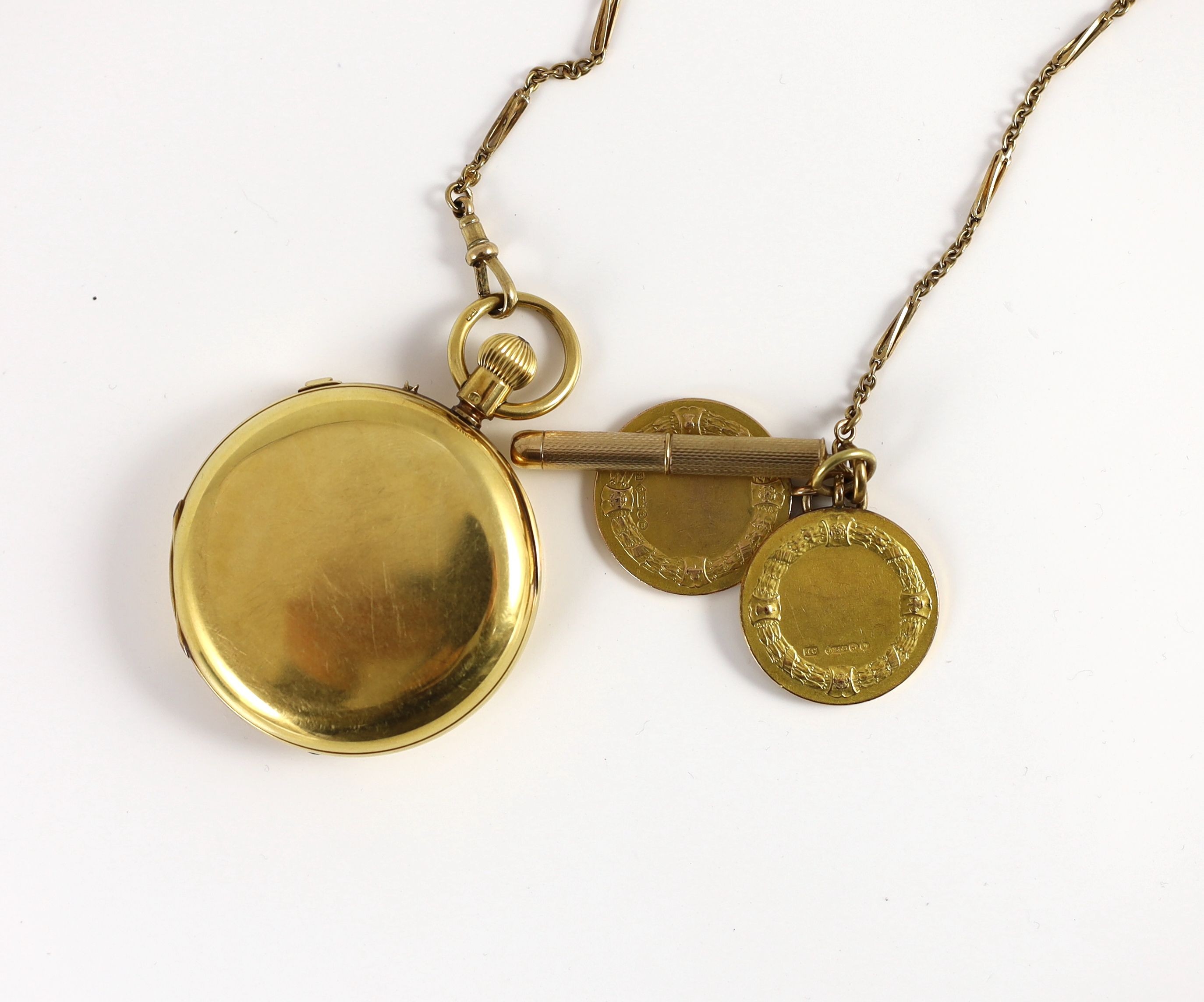 A Victorian 18ct gold keyless chronograph hunter pocket watch, by Boxelle, Kings Road, Brighton